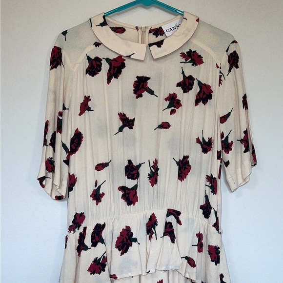 Ganni cream rose flower peplum midi knee length dress medium - Picture 3 of 5